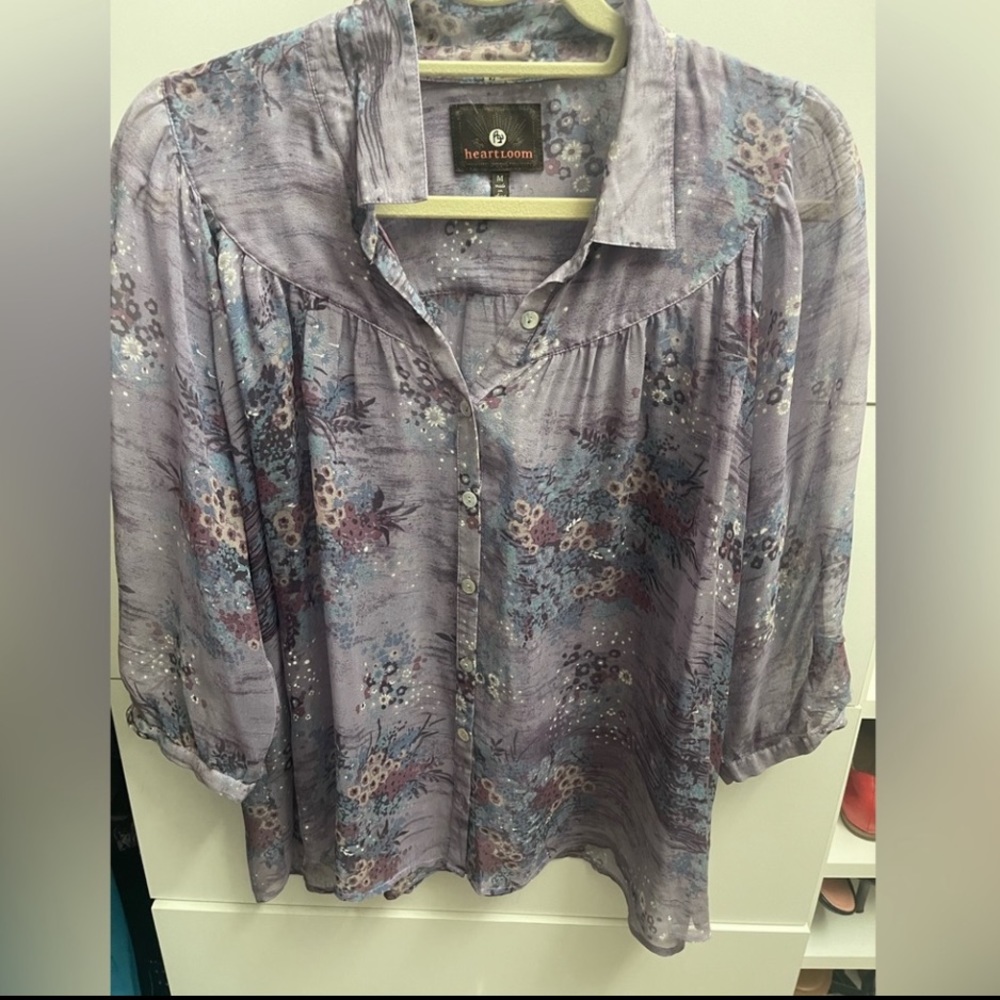 Heart loom sheer purple floral blouse excellent condition